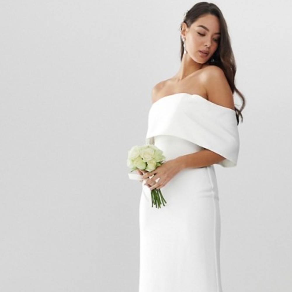 Crepe Off Shoulder White Column Dress